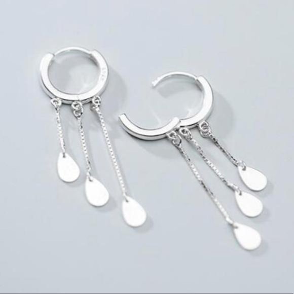 NEW 925 STERLING SILVER CHAIN DROP HOOP EARRINGS - Picture 1 of 6
